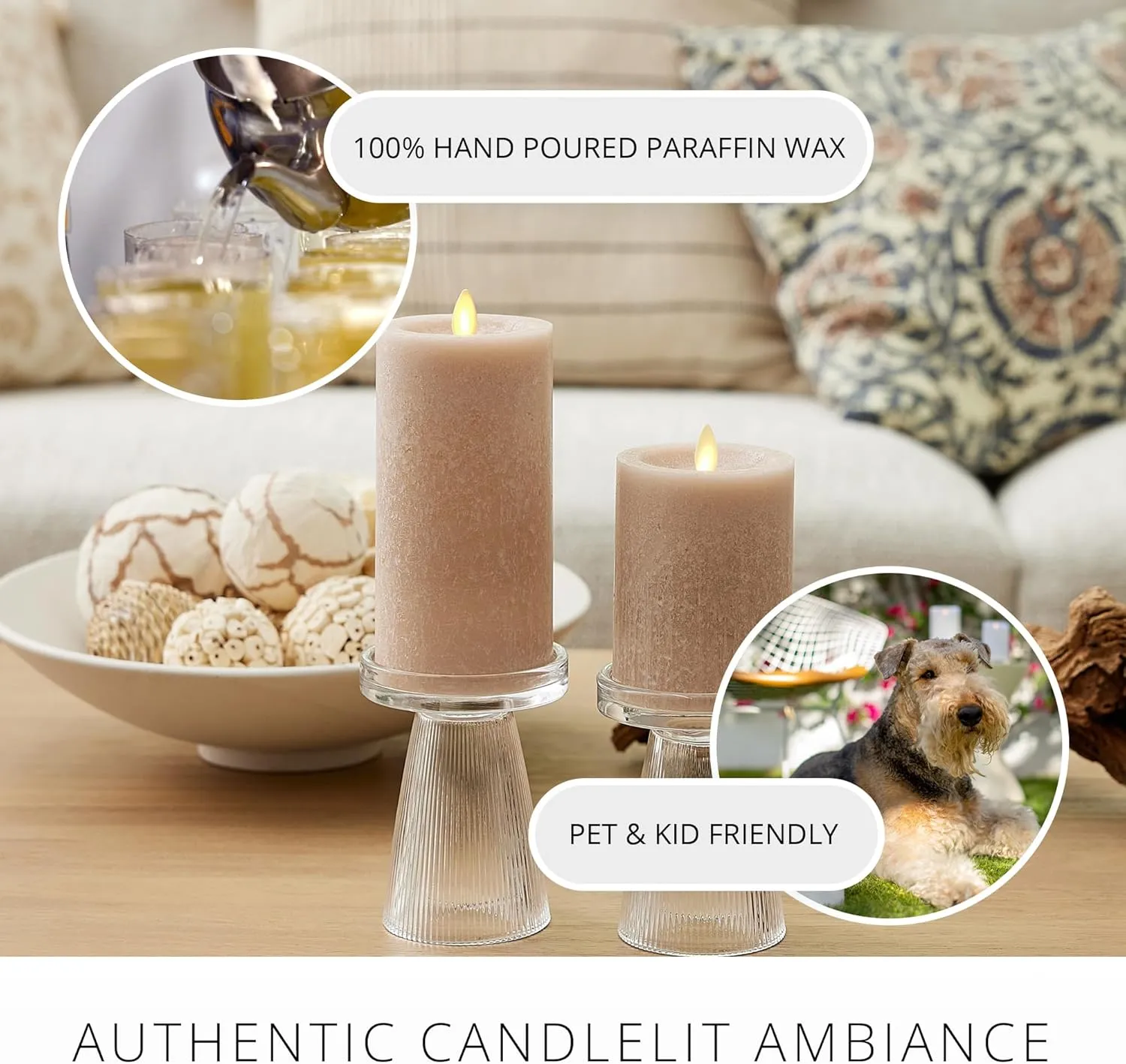 Luminara Sea Glass Flameless Candle, Timeless Taupe 3" x 6.5", Moving LED Flame Pillar with Timer, Battery Operated, Real Wax, Unscented Home Décor