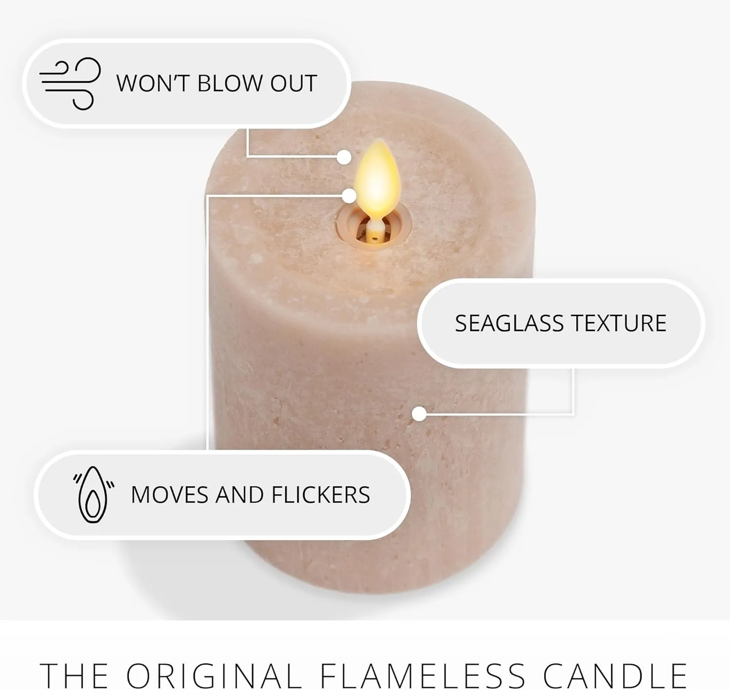 Luminara Sea Glass Flameless Candle, Timeless Taupe 3" x 6.5", Moving LED Flame Pillar with Timer, Battery Operated, Real Wax, Unscented Home Décor