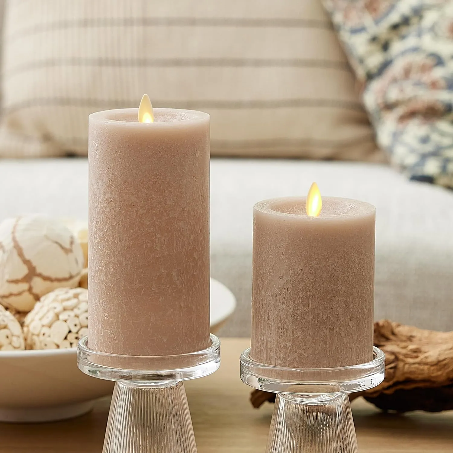 Luminara Sea Glass Flameless Candle, Timeless Taupe 3" x 6.5", Moving LED Flame Pillar with Timer, Battery Operated, Real Wax, Unscented Home Décor