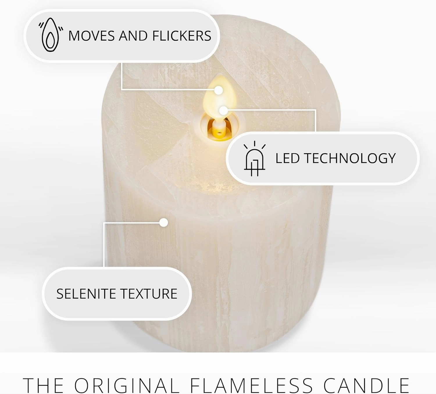 Luminara Selenite Looking Flameless Candle, White Swan 3" x 4.5", Battery Operated Real Wax Moving Flame LED Pillar w/Timer, Home Decor Unscented