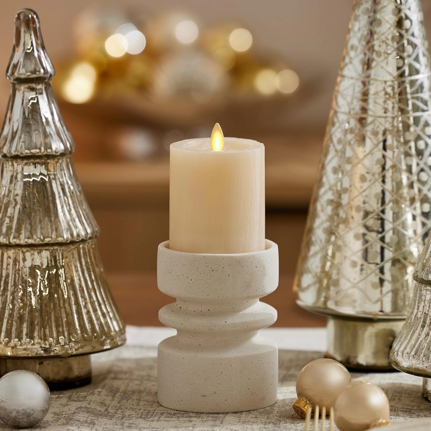 Luminara Selenite Looking Flameless Candle, White Swan 3" x 4.5", Battery Operated Real Wax Moving Flame LED Pillar w/Timer, Home Decor Unscented
