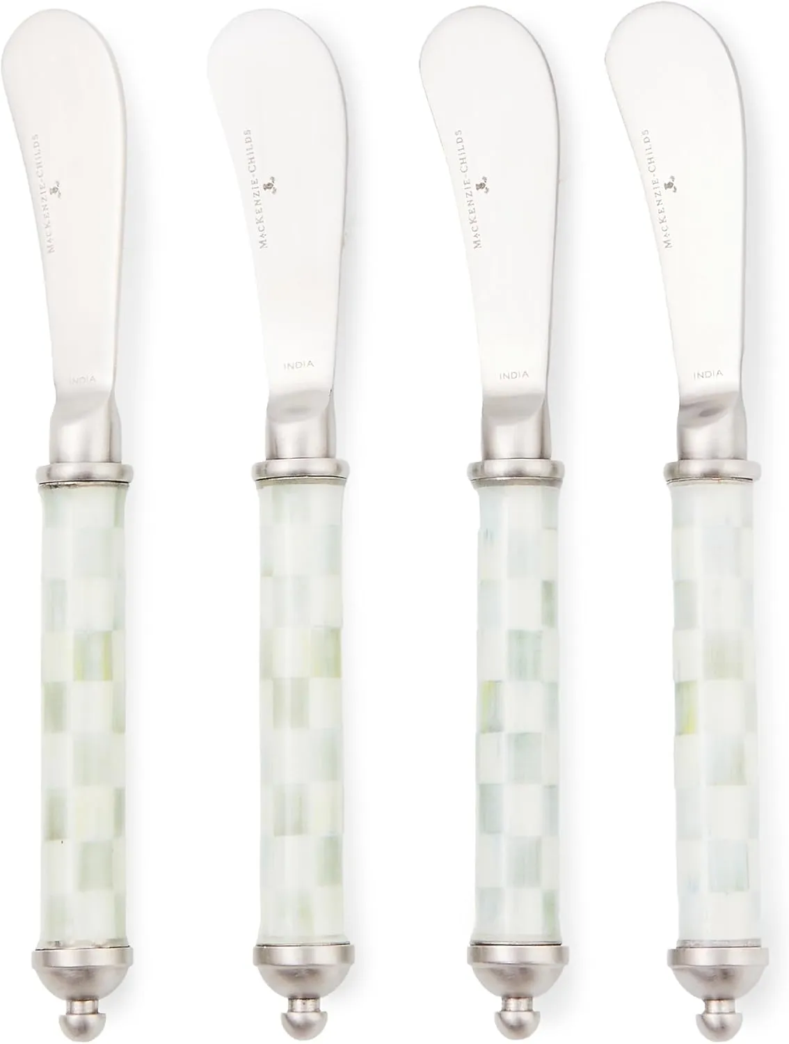 MACKENZIE-CHILDS Supper Club Spreader Set, Stainless-Steel Butter Spreaders, Charcuterie Accessories, Set of 4, Gray-and-White Sterling Check