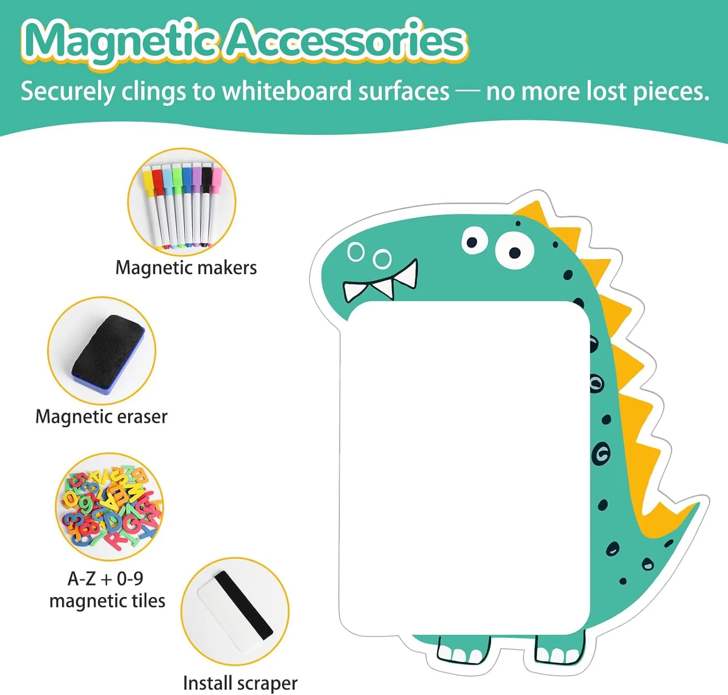 Magnetic Wall Decal for Kids 37 x 31 Inch, Thickened Self-Adhesive Magnetic White Board, Dry Erase Board for Kids Playroom, Classroom, Home, School, Cute Dinosaur(Fun Animals Theme)