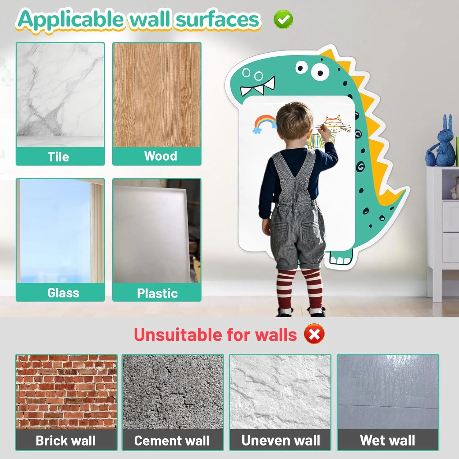 Magnetic Wall Decal for Kids 37 x 31 Inch, Thickened Self-Adhesive Magnetic White Board, Dry Erase Board for Kids Playroom, Classroom, Home, School, Cute Dinosaur(Fun Animals Theme)