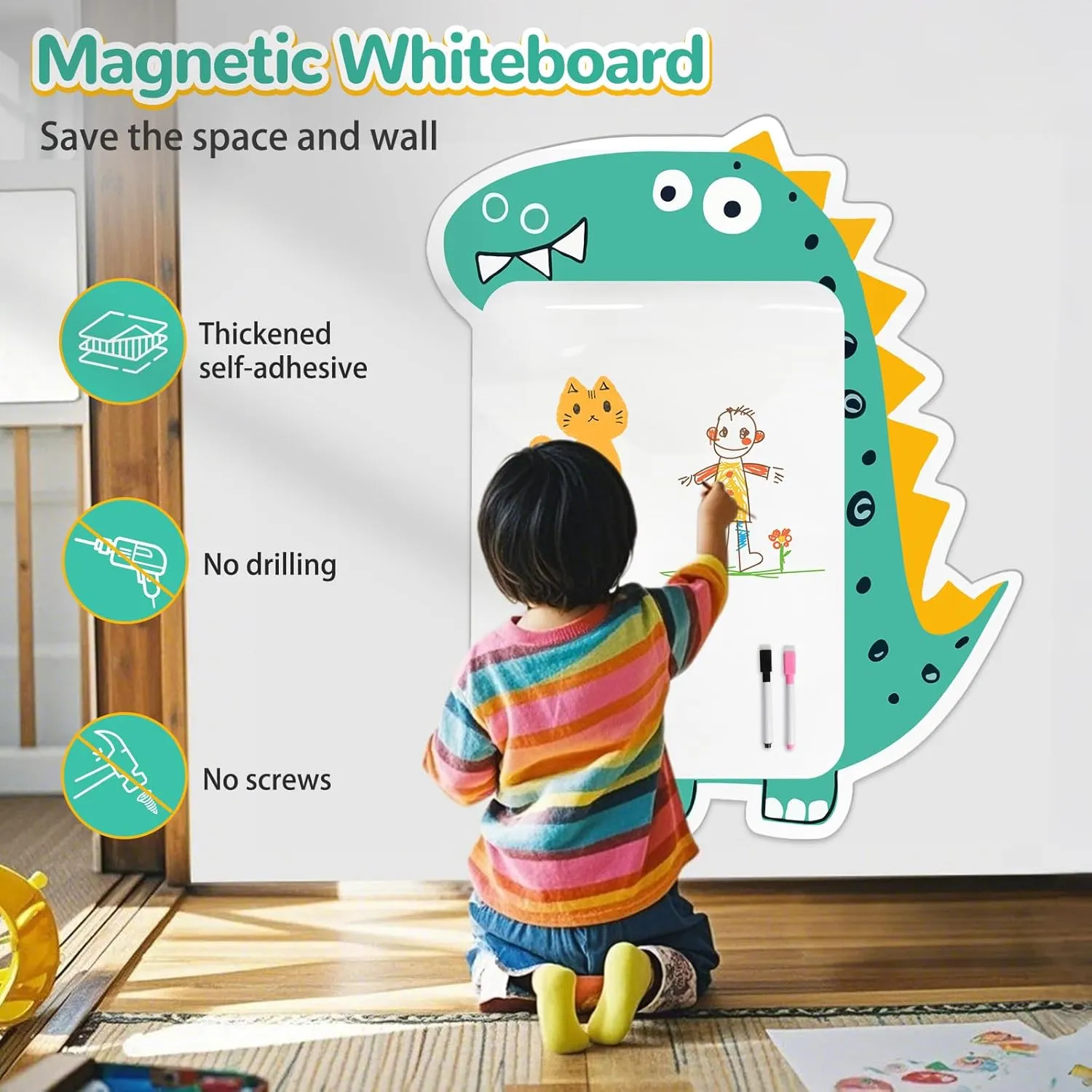 Magnetic Wall Decal for Kids 37 x 31 Inch, Thickened Self-Adhesive Magnetic White Board, Dry Erase Board for Kids Playroom, Classroom, Home, School, Cute Dinosaur(Fun Animals Theme)