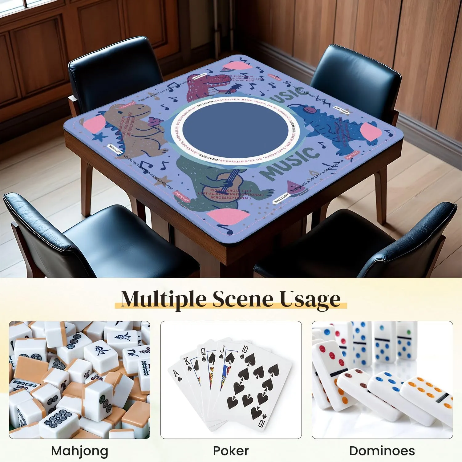 Mahjong Mat for Table Music Lover Dinosaur Seamless for kids fashion Childish Cute Dinosaurs 31.5" x 31.5" Non-Slip Noise-Reducing Game Mat Premium Mahjong Accessories for Poker Dominoes Board Games