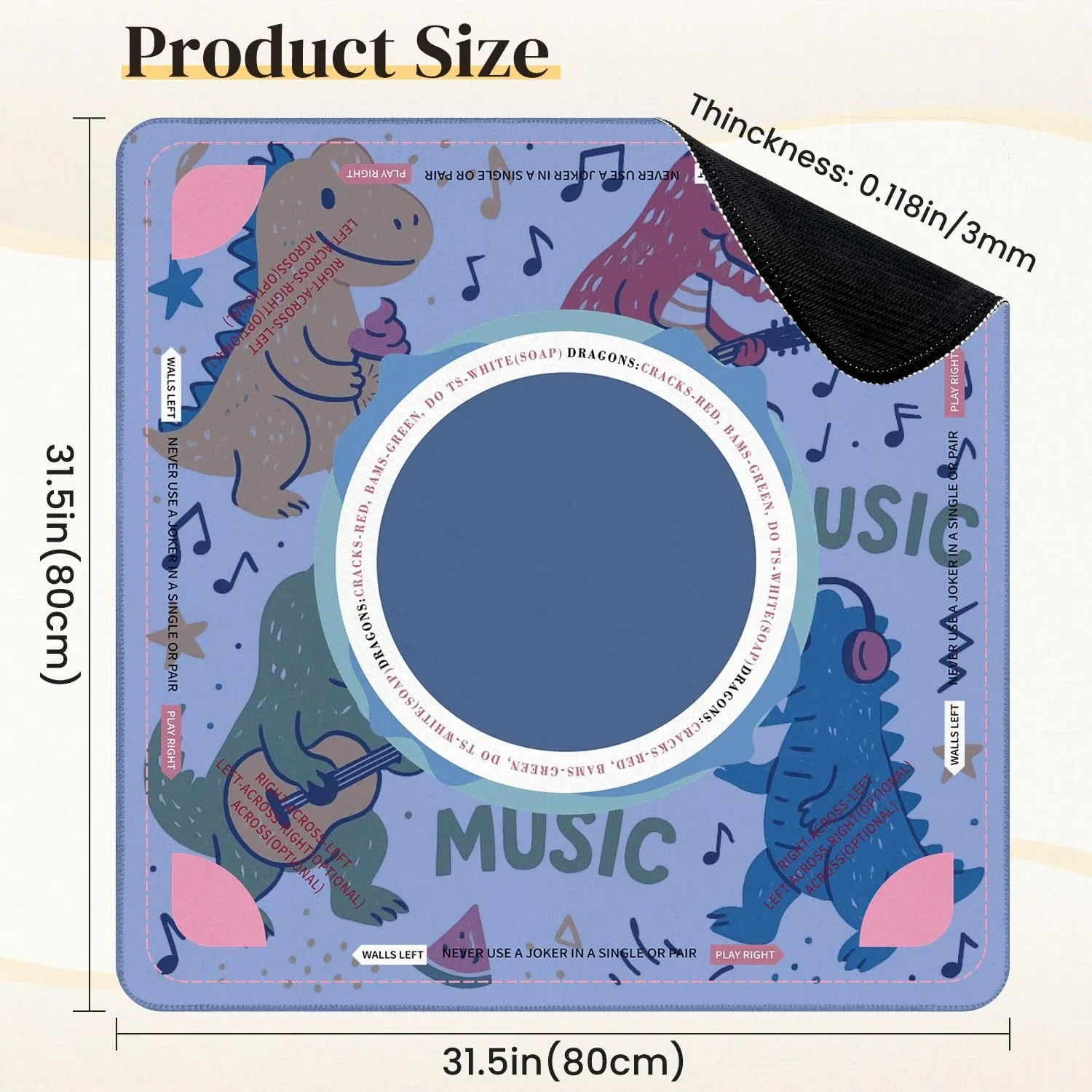 Mahjong Mat for Table Music Lover Dinosaur Seamless for kids fashion Childish Cute Dinosaurs 31.5" x 31.5" Non-Slip Noise-Reducing Game Mat Premium Mahjong Accessories for Poker Dominoes Board Games