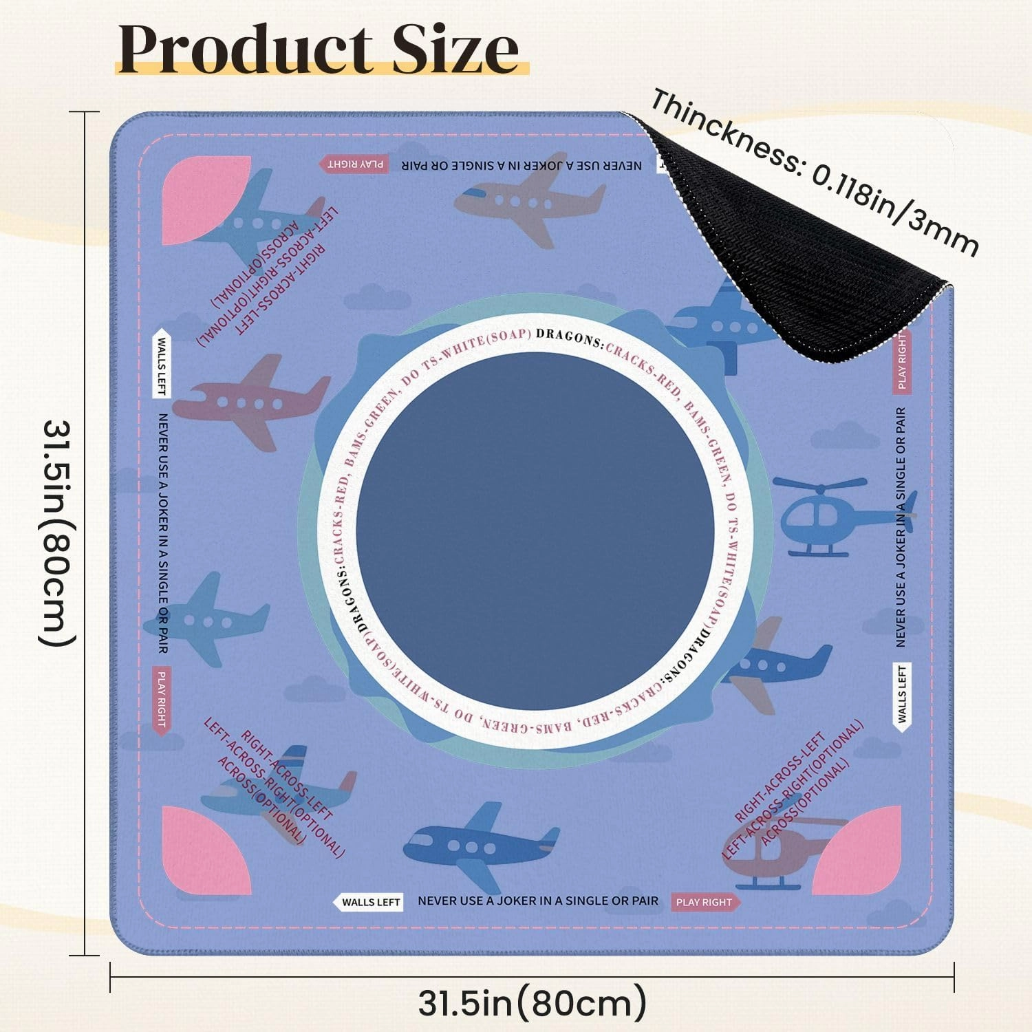 Mahjong Mat for Table Cute Seamless Color Planes Helicopters 31.5" x 31.5" Non-Slip Noise-Reducing Game Mat Premium Mahjong Accessories for Poker Dominoes Board Games