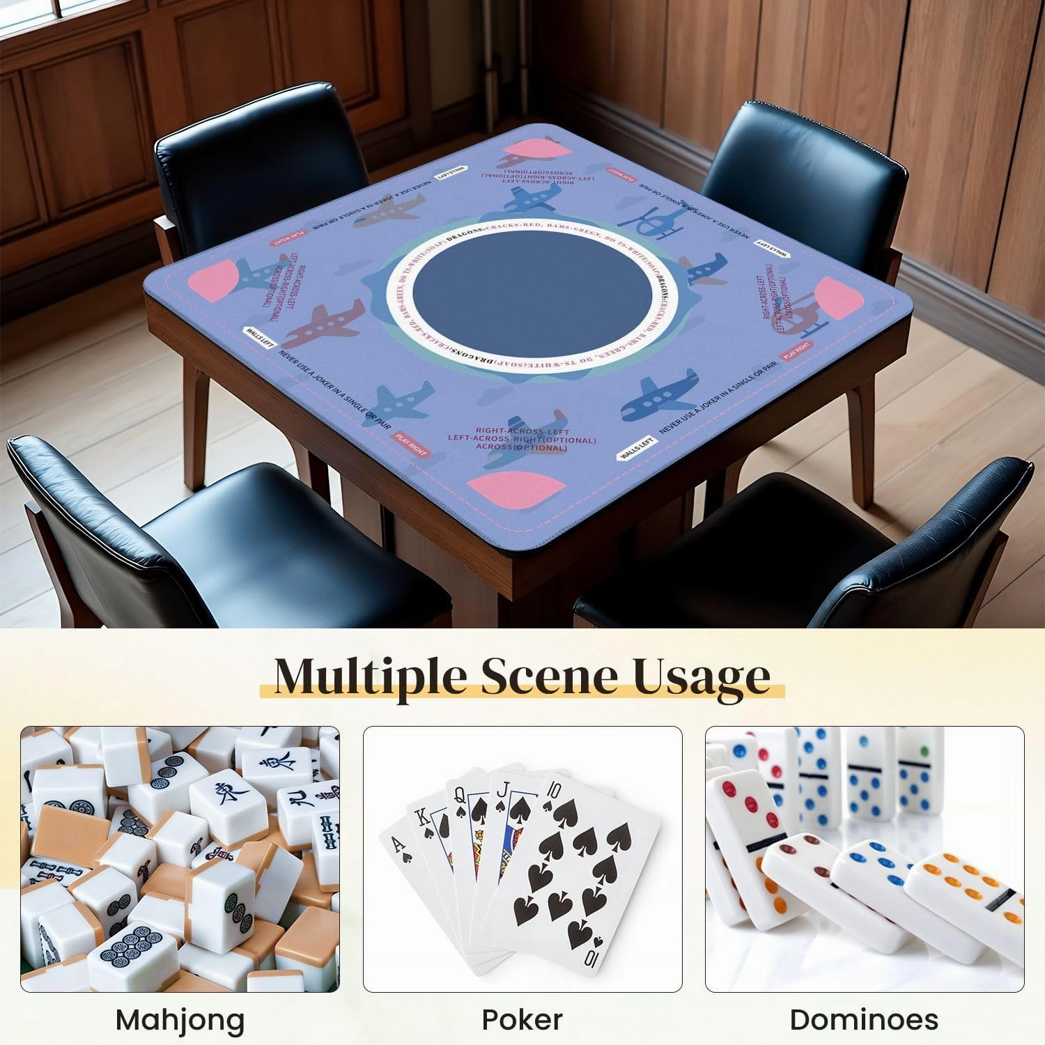 Mahjong Mat for Table Cute Seamless Color Planes Helicopters 31.5" x 31.5" Non-Slip Noise-Reducing Game Mat Premium Mahjong Accessories for Poker Dominoes Board Games