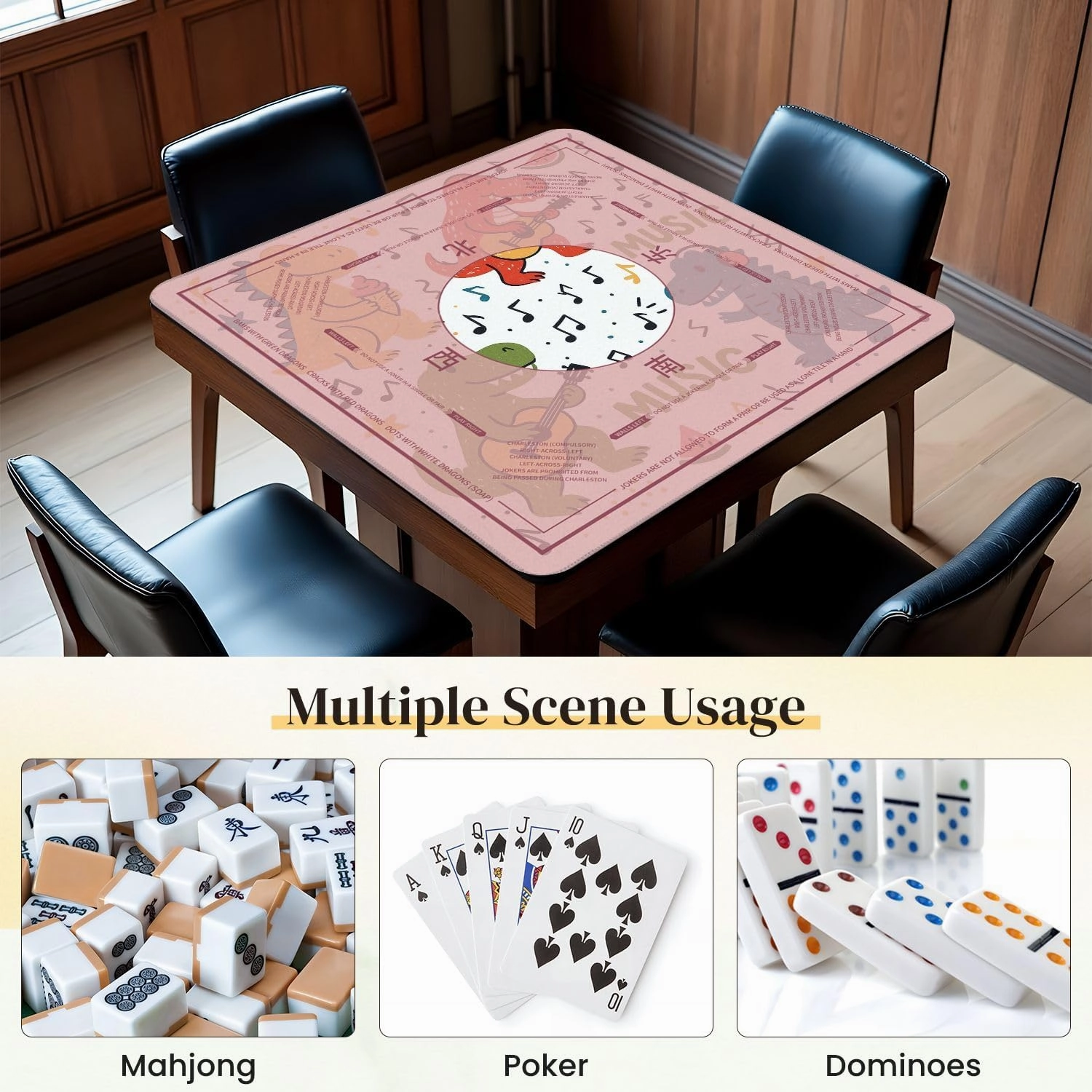 Mahjong Mat for Table Music Lover Dinosaur Seamless for kids fashion Childish Cute Dinosaurs 31.5" x 31.5" Non-Slip Noise-Reducing Game Mat Premium Mahjong Accessories for Poker Dominoes Board Games