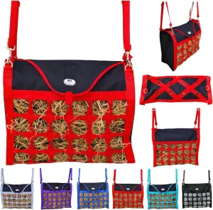 Majestic Ally Animal Health Hay Bag for Horses, 2.5" Holes, Top Load, Travel Feeder, Reduces Waste, 1 Year Warranty, Multiple Colors (Red-Black)