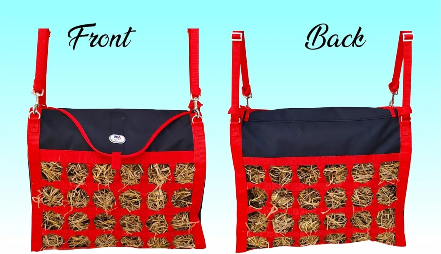 Majestic Ally Animal Health Hay Bag for Horses, 2.5" Holes, Top Load, Travel Feeder, Reduces Waste, 1 Year Warranty, Multiple Colors (Red-Black)