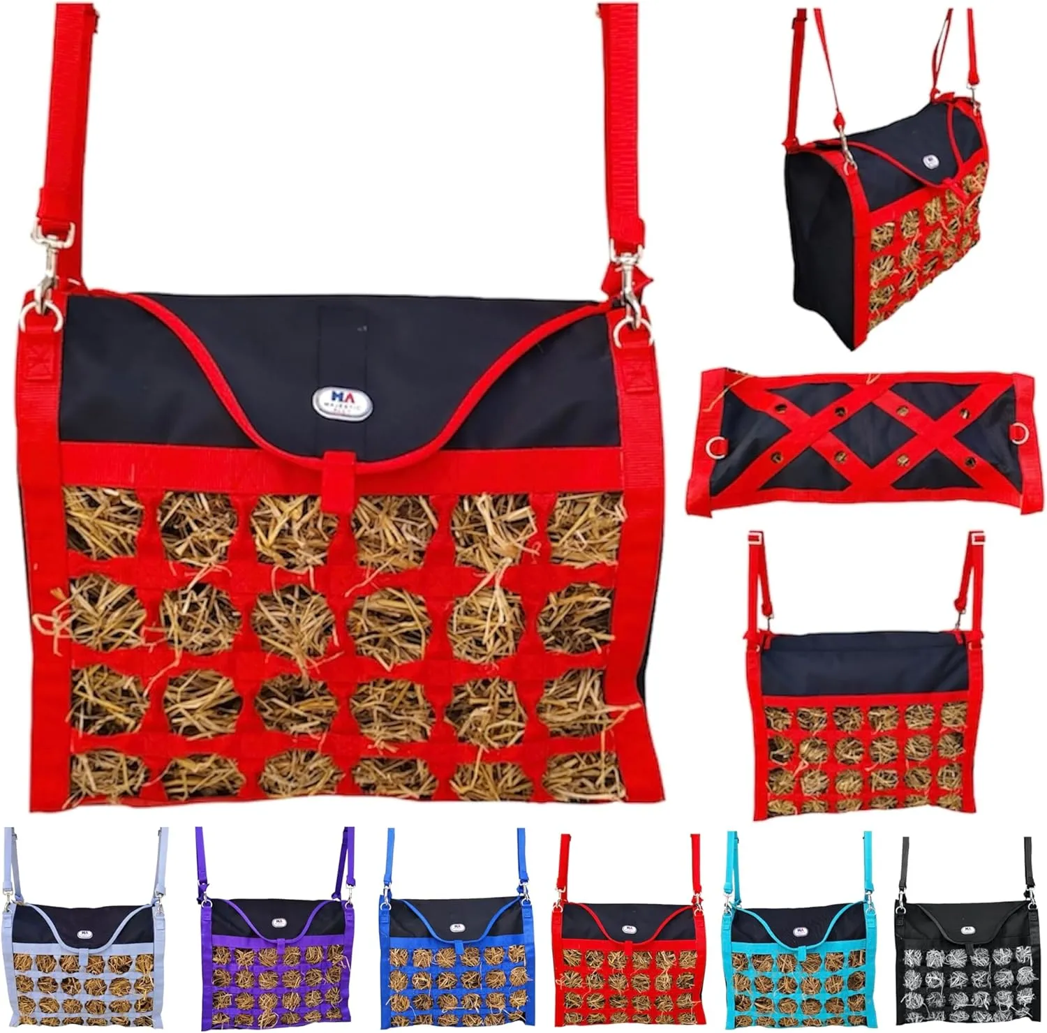 Majestic Ally Animal Health Hay Bag for Horses, 2.5" Holes, Top Load, Travel Feeder, Reduces Waste, 1 Year Warranty, Multiple Colors (Red-Black)