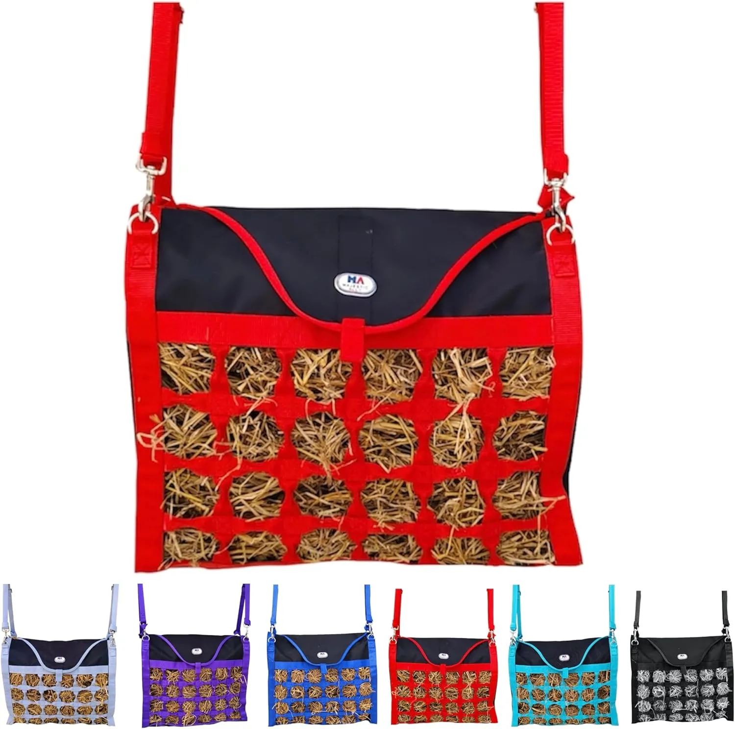 Majestic Ally Animal Health Hay Bag for Horses, 2.5" Holes, Top Load, Travel Feeder, Reduces Waste, 1 Year Warranty, Multiple Colors (Red-Black)