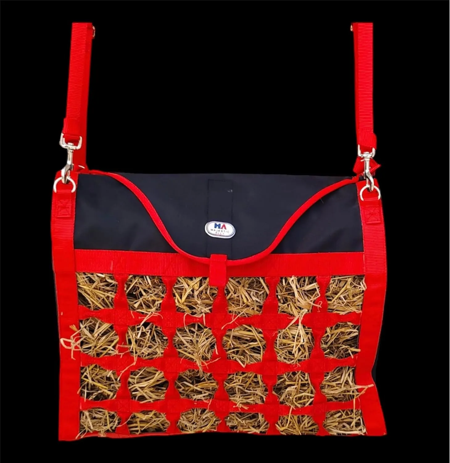 Majestic Ally Animal Health Hay Bag for Horses, 2.5" Holes, Top Load, Travel Feeder, Reduces Waste, 1 Year Warranty, Multiple Colors (Red-Black)