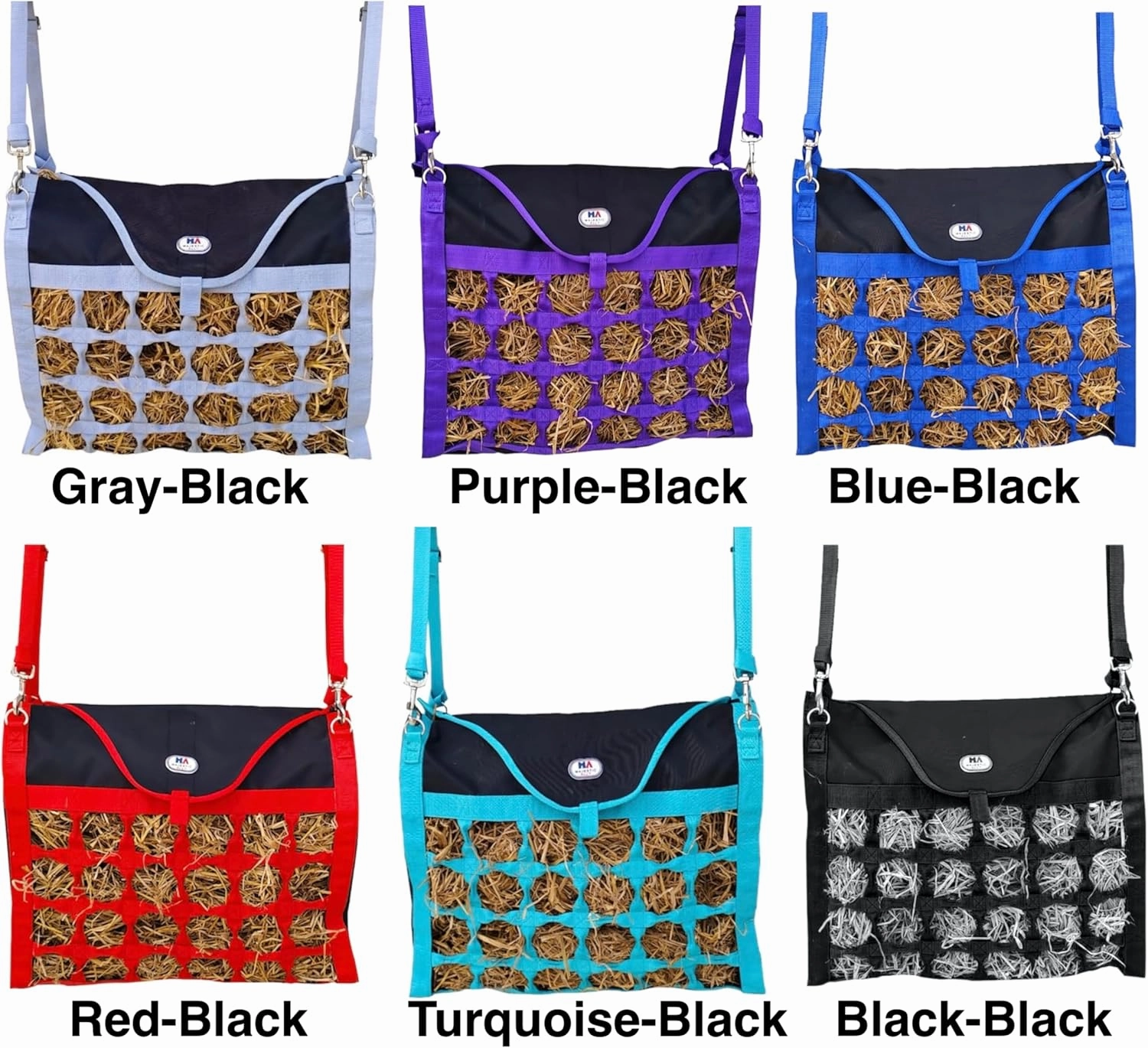 Majestic Ally Animal Health Hay Bag for Horses, 2.5" Holes, Top Load, Travel Feeder, Reduces Waste, 1 Year Warranty, Multiple Colors (Purple-Black)