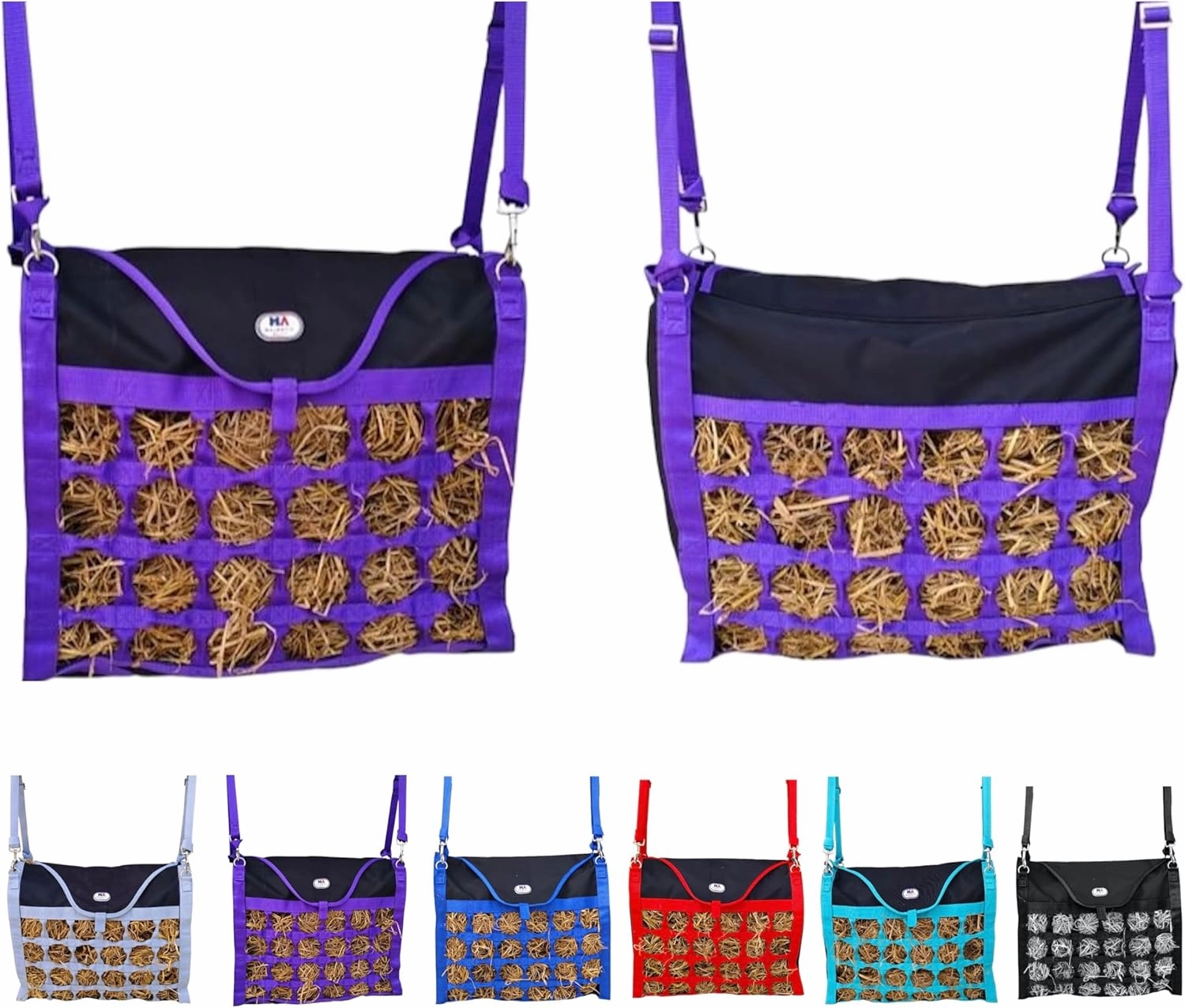 Majestic Ally Animal Health Hay Bag for Horses, 2.5" Holes, Top Load, Travel Feeder, Reduces Waste, 1 Year Warranty, Multiple Colors (Purple-Black)