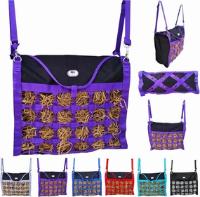 Majestic Ally Animal Health Hay Bag for Horses, 2.5" Holes, Top Load, Travel Feeder, Reduces Waste, 1 Year Warranty, Multiple Colors (Purple-Black)