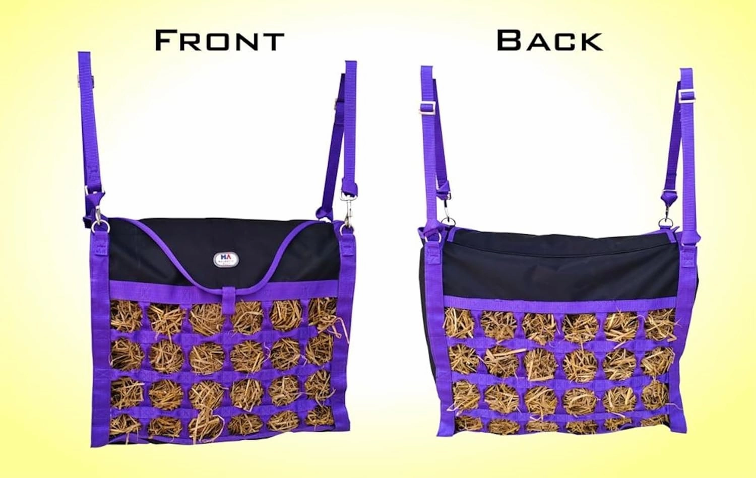 Majestic Ally Animal Health Hay Bag for Horses, 2.5" Holes, Top Load, Travel Feeder, Reduces Waste, 1 Year Warranty, Multiple Colors (Purple-Black)
