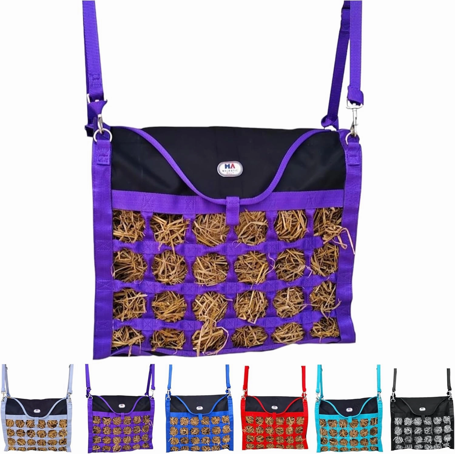 Majestic Ally Animal Health Hay Bag for Horses, 2.5" Holes, Top Load, Travel Feeder, Reduces Waste, 1 Year Warranty, Multiple Colors (Purple-Black)