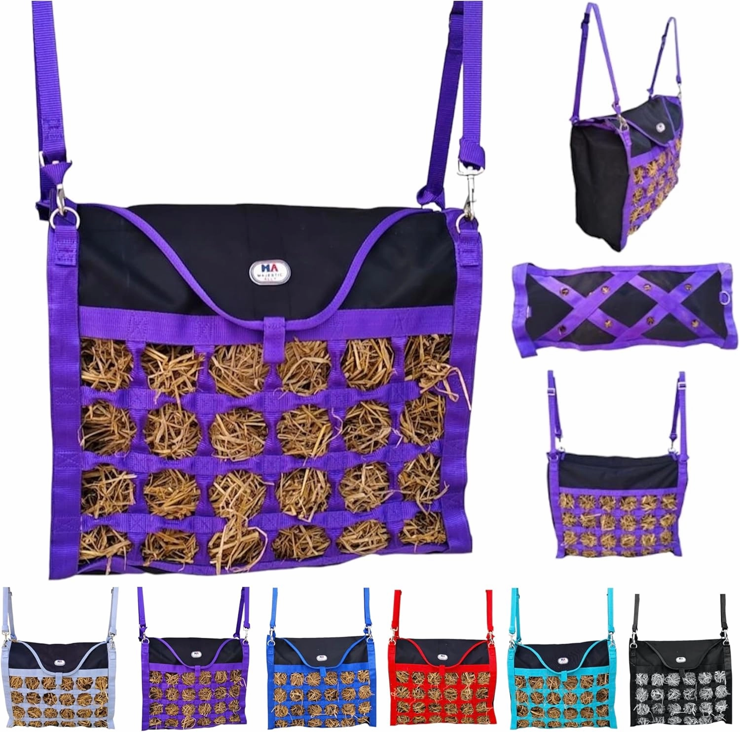 Majestic Ally Animal Health Hay Bag for Horses, 2.5" Holes, Top Load, Travel Feeder, Reduces Waste, 1 Year Warranty, Multiple Colors (Purple-Black)