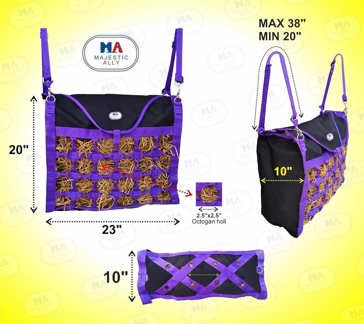 Majestic Ally Animal Health Hay Bag for Horses, 2.5" Holes, Top Load, Travel Feeder, Reduces Waste, 1 Year Warranty, Multiple Colors (Purple-Black)