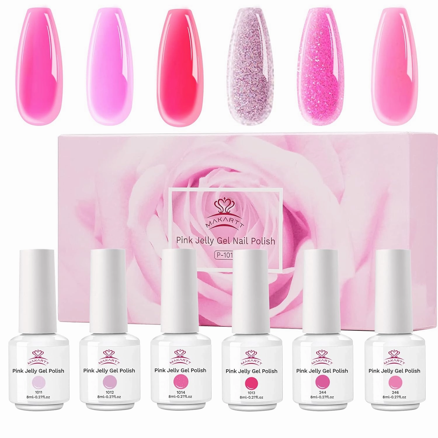 Makartt Jelly Gel Nail Polish Kit, 6 Colors 8ml, Light Baby Pink, Hot Pink, Red, Translucent Soak Off Gel, Crystal Glitter Spring Wedding DIY Nail Art, At-Home Manicure