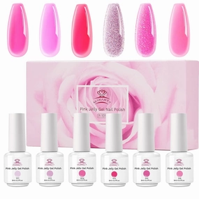 Makartt Jelly Gel Nail Polish Kit, 6 Colors 8ml, Light Baby Pink, Hot Pink, Red, Translucent Soak Off Gel, Crystal Glitter Spring Wedding DIY Nail Art, At-Home Manicure