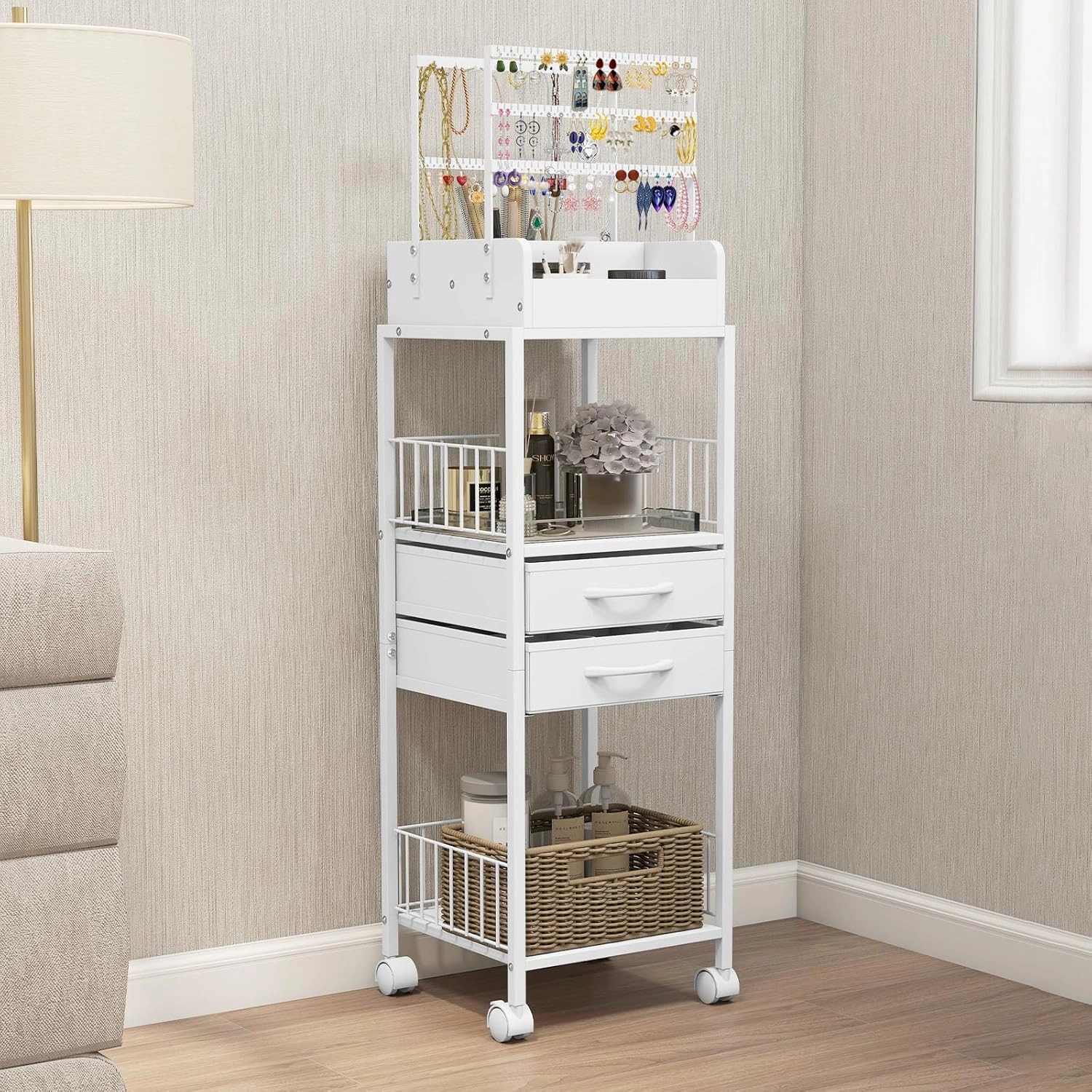 Makeup Organizer, Floor Skincare Vanity Organizers and Storage with Drawers, Jewelry Storage for Earring Necklace, Cosmetics Display Cases Holder for Perfumes, Nail Polish