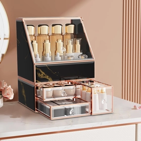 Makeup Organizer for Vanity, Black Makeup Organizer with Drawer, Skincare Holder for Bathroom Countertop,Cosmetic Display Case for Dresser