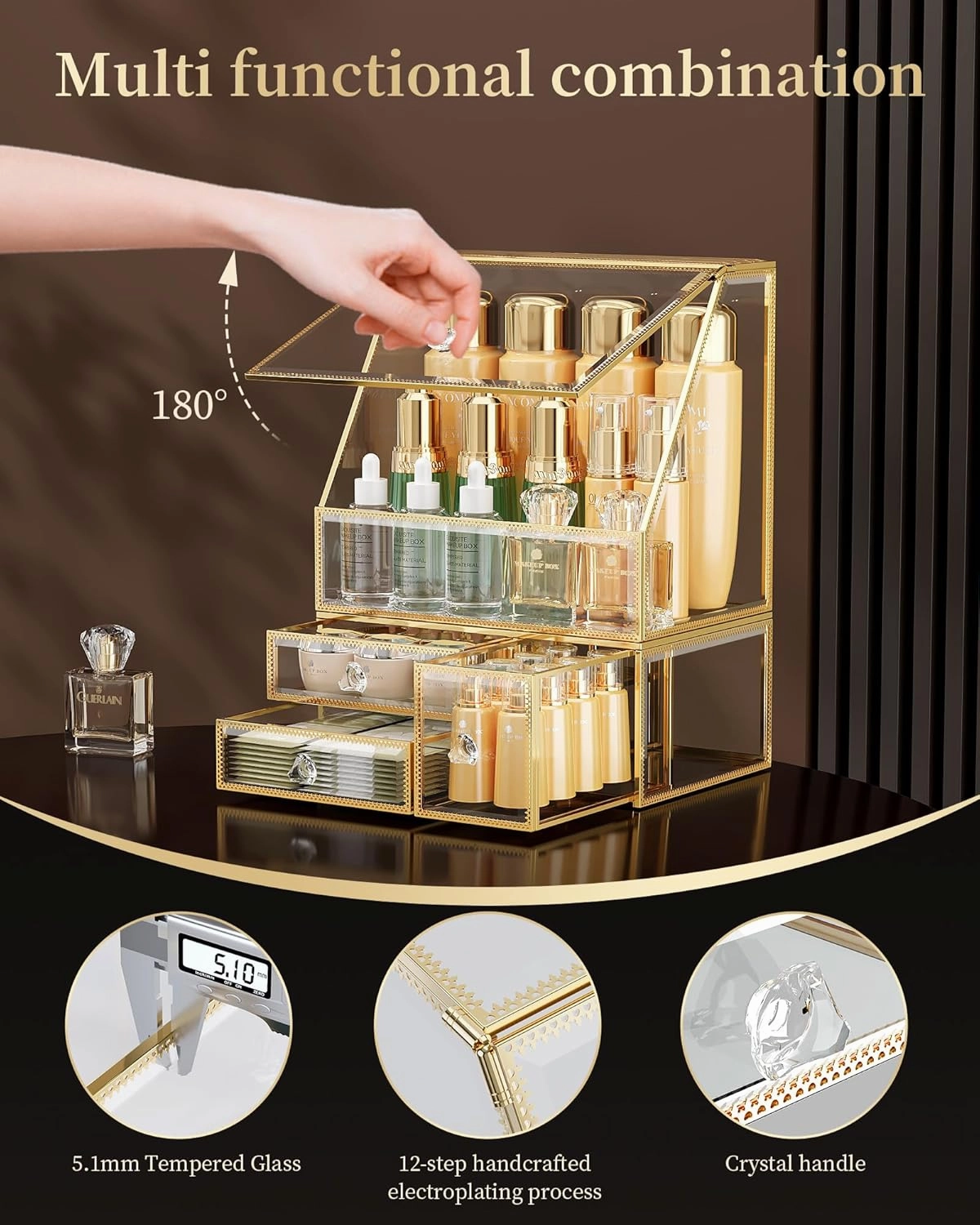 Makeup Organizer for Vanity, Clear Makeup Organizer with Drawer, Skincare Holder for Bathroom Countertop,Cosmetic Display Case for Dresser