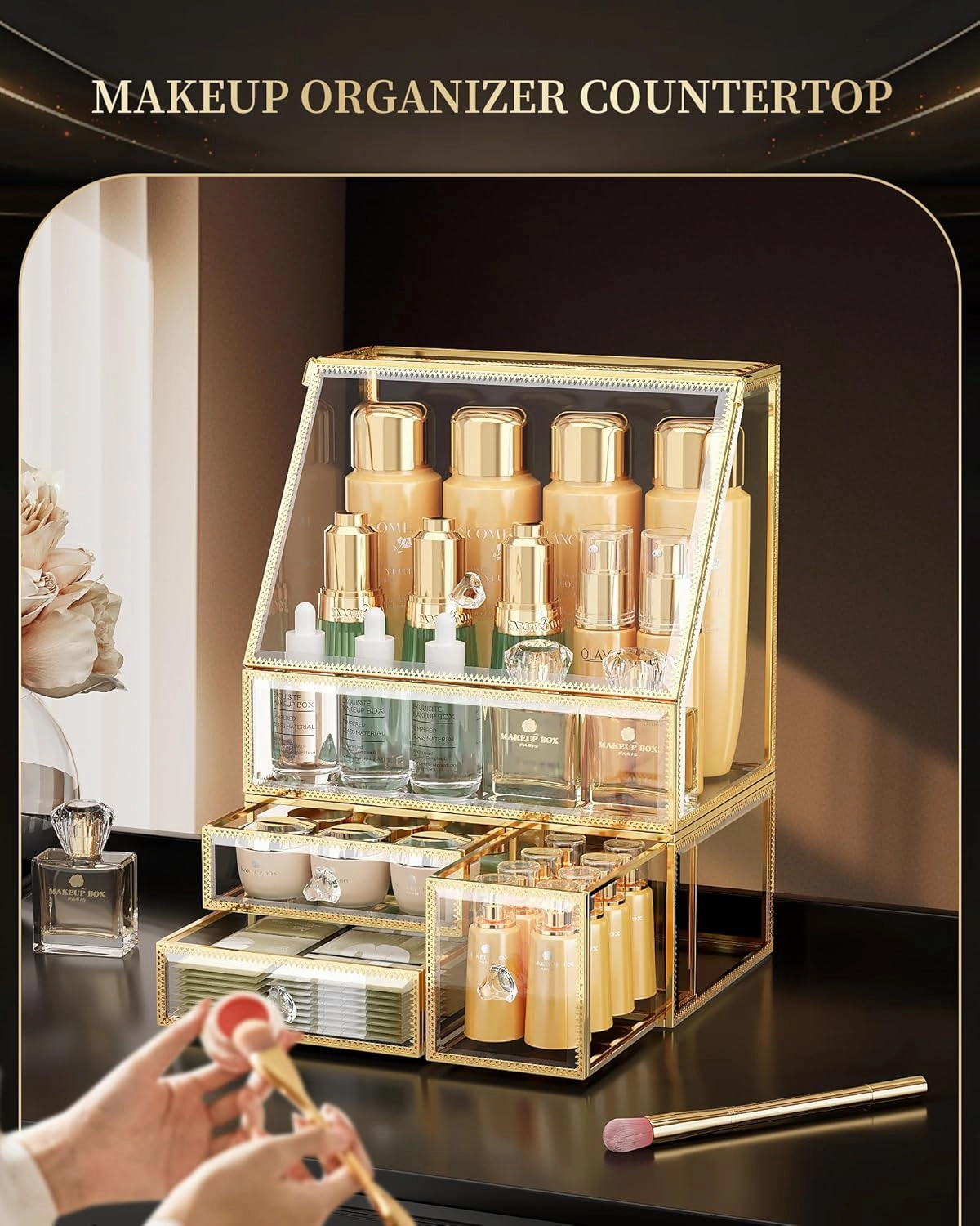Makeup Organizer for Vanity, Clear Makeup Organizer with Drawer, Skincare Holder for Bathroom Countertop,Cosmetic Display Case for Dresser