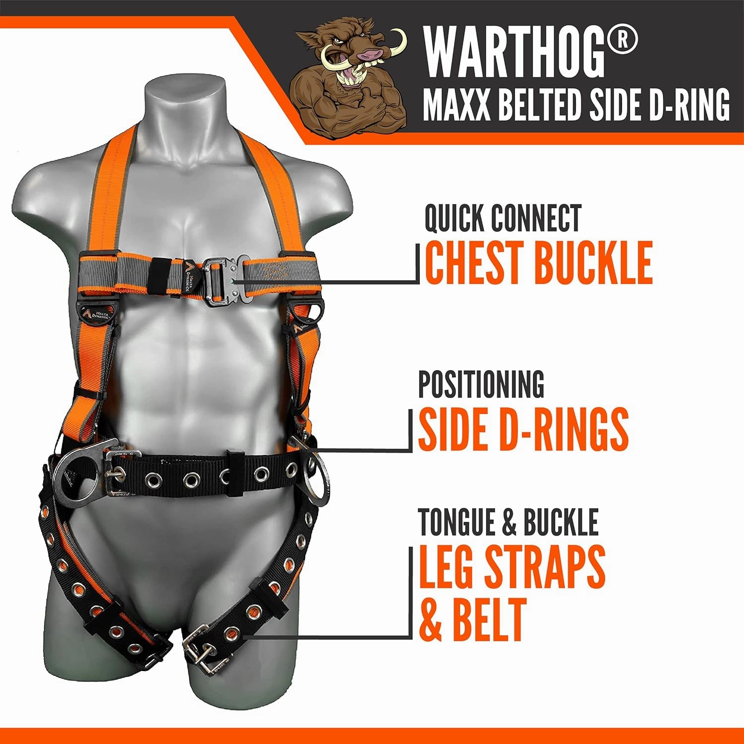 Malta Dynamics Warthog MAXX Side D-Ring Fall Protection Safety Harness with Removable Safety Belt, Full Body Harness