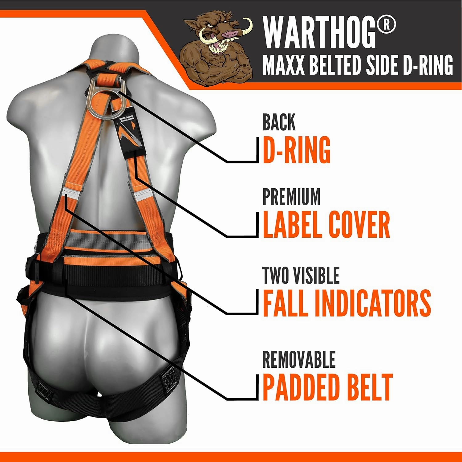 Malta Dynamics Warthog MAXX Side D-Ring Fall Protection Safety Harness with Removable Safety Belt, Full Body Harness