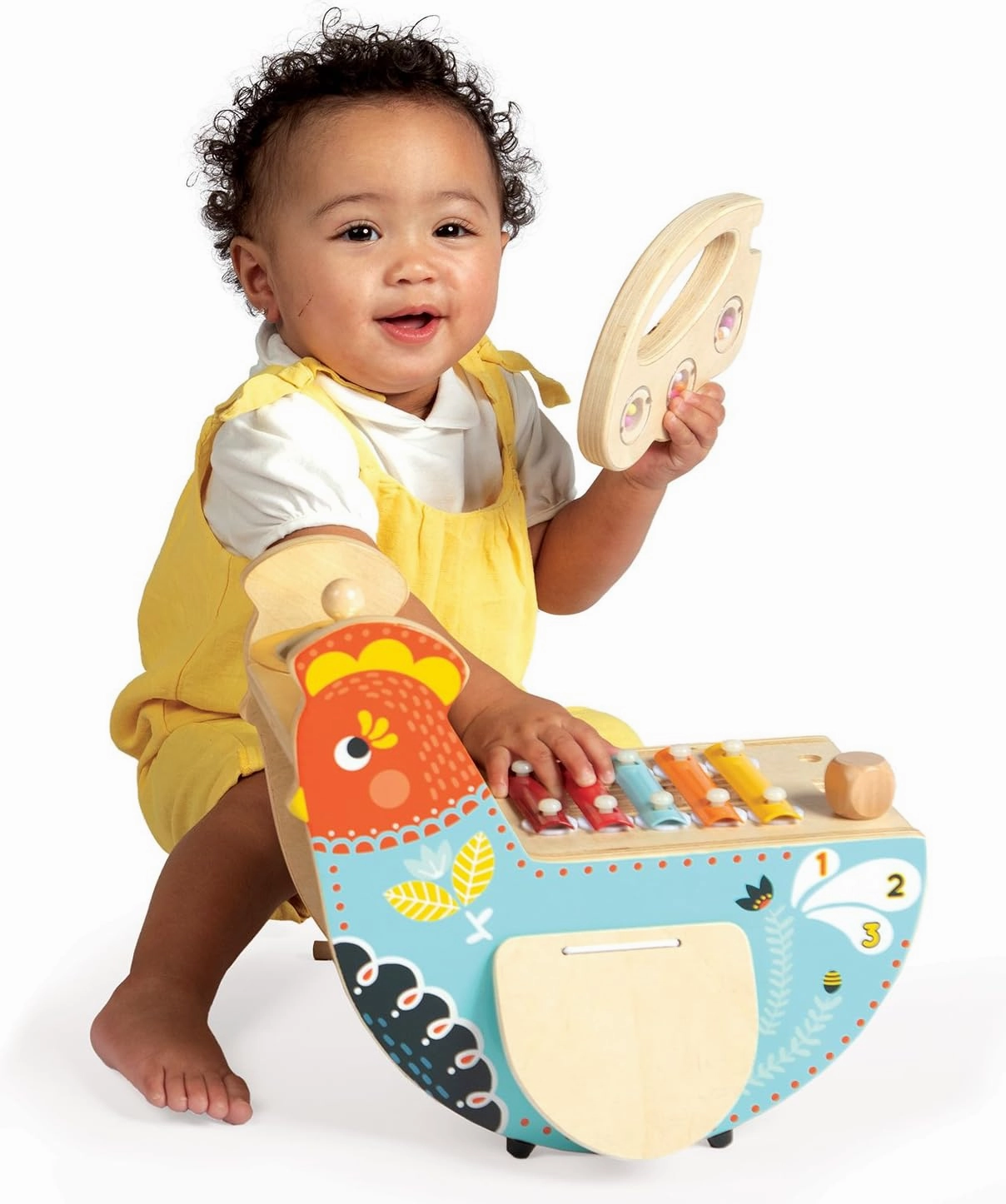 Manhattan Toy Musical Chicken Wooden Instrument for Toddlers with Xylophone, Drumsticks, Cymbal and Maraca,Blue