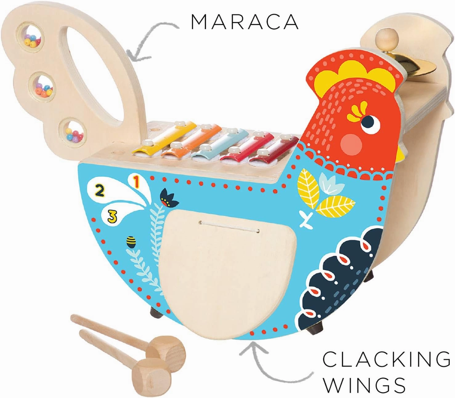 Manhattan Toy Musical Chicken Wooden Instrument for Toddlers with Xylophone, Drumsticks, Cymbal and Maraca,Blue