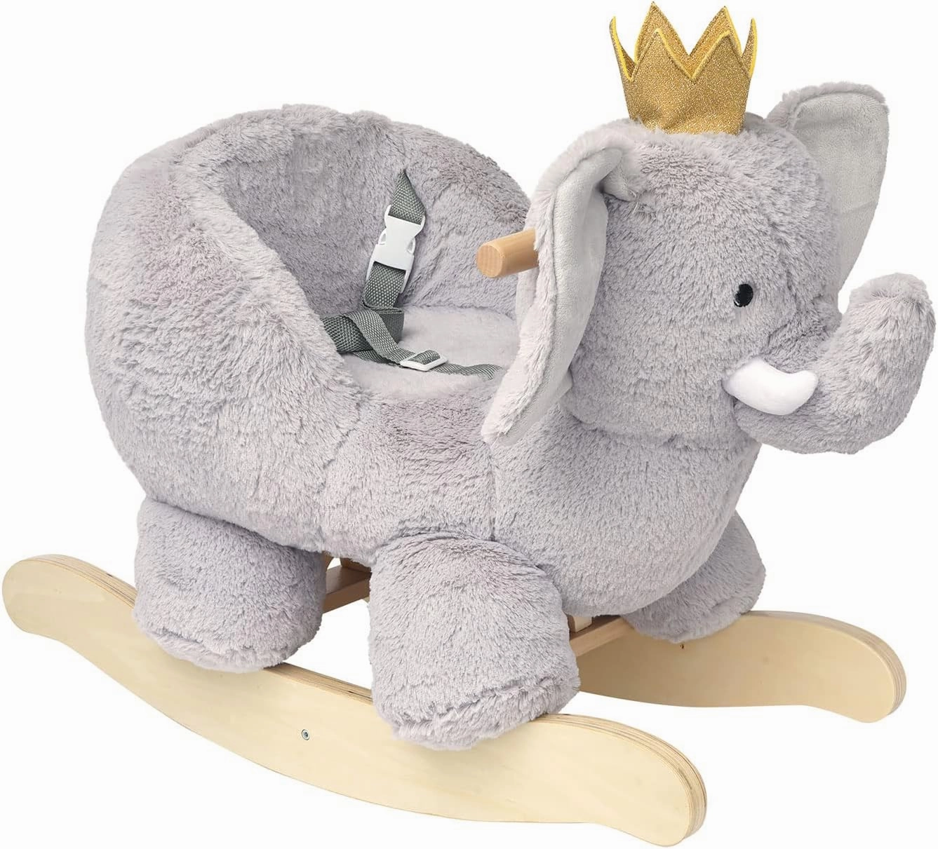 Manhattan Toy Plush Elephant Wooden Rocking Toy with Crown, Adjustable Seat Belt and Wooden Hand Grips Large