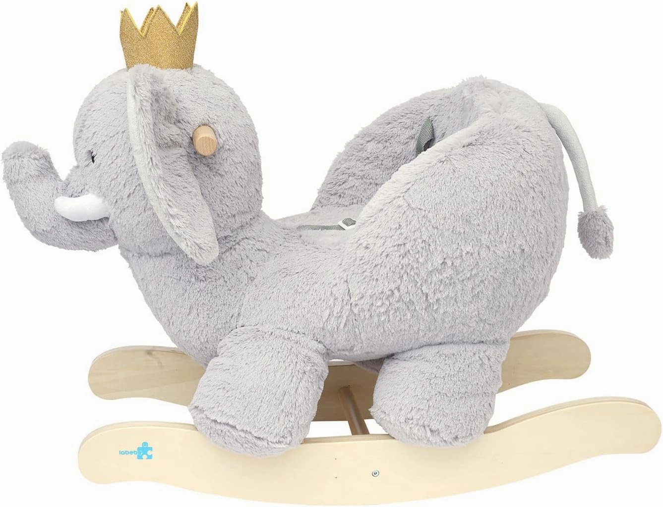 Manhattan Toy Plush Elephant Wooden Rocking Toy with Crown, Adjustable Seat Belt and Wooden Hand Grips Large