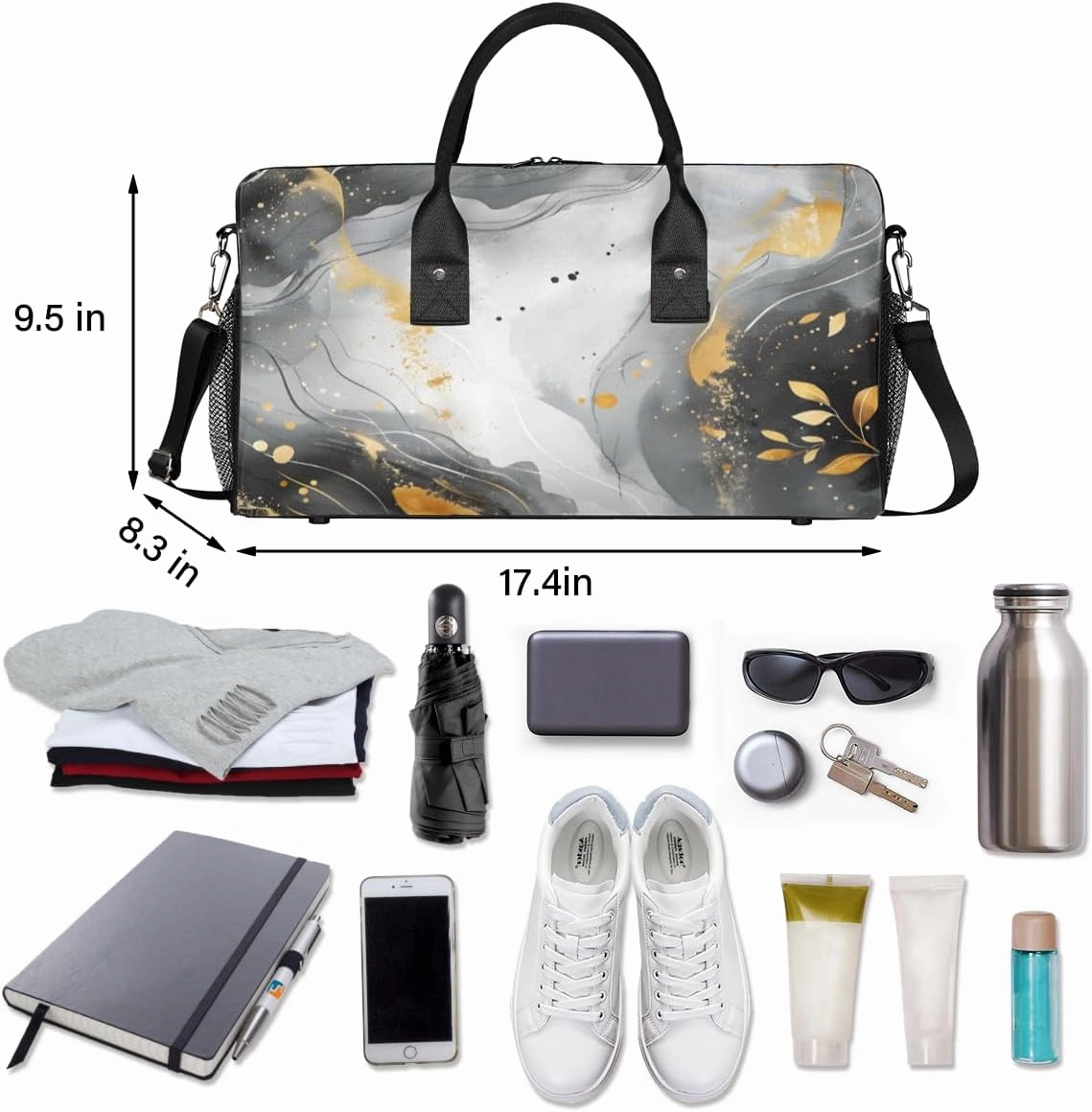 Marble Pattern Travel Duffle Bag for Women Men Foldable Waterproof Weekender Bag Carry on Tote for Overnight Sports Gym Black and Gold Abstract Marble
