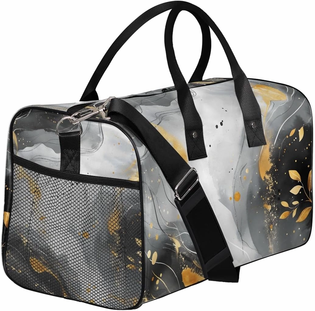 Marble Pattern Travel Duffle Bag for Women Men Foldable Waterproof Weekender Bag Carry on Tote for Overnight Sports Gym Black and Gold Abstract Marble