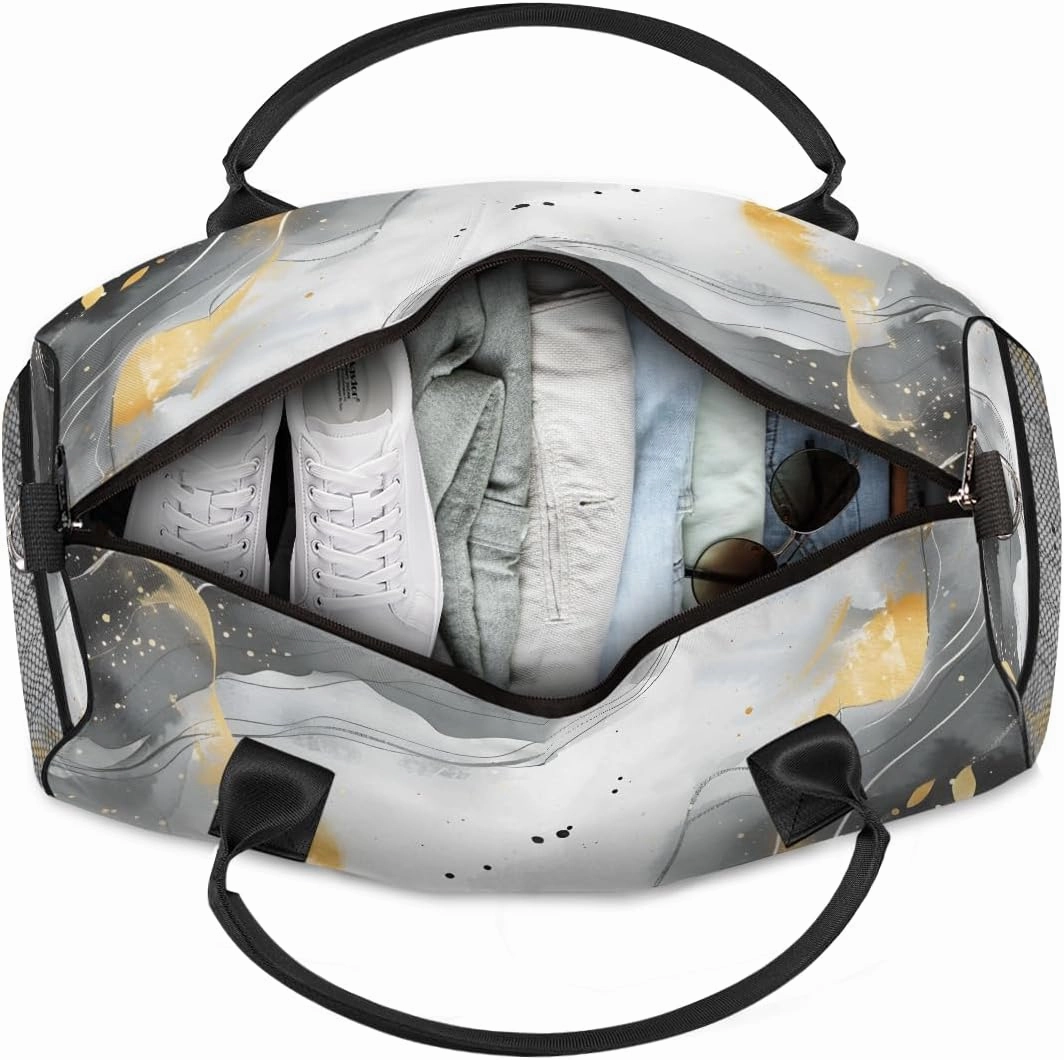 Marble Pattern Travel Duffle Bag for Women Men Foldable Waterproof Weekender Bag Carry on Tote for Overnight Sports Gym Black and Gold Abstract Marble