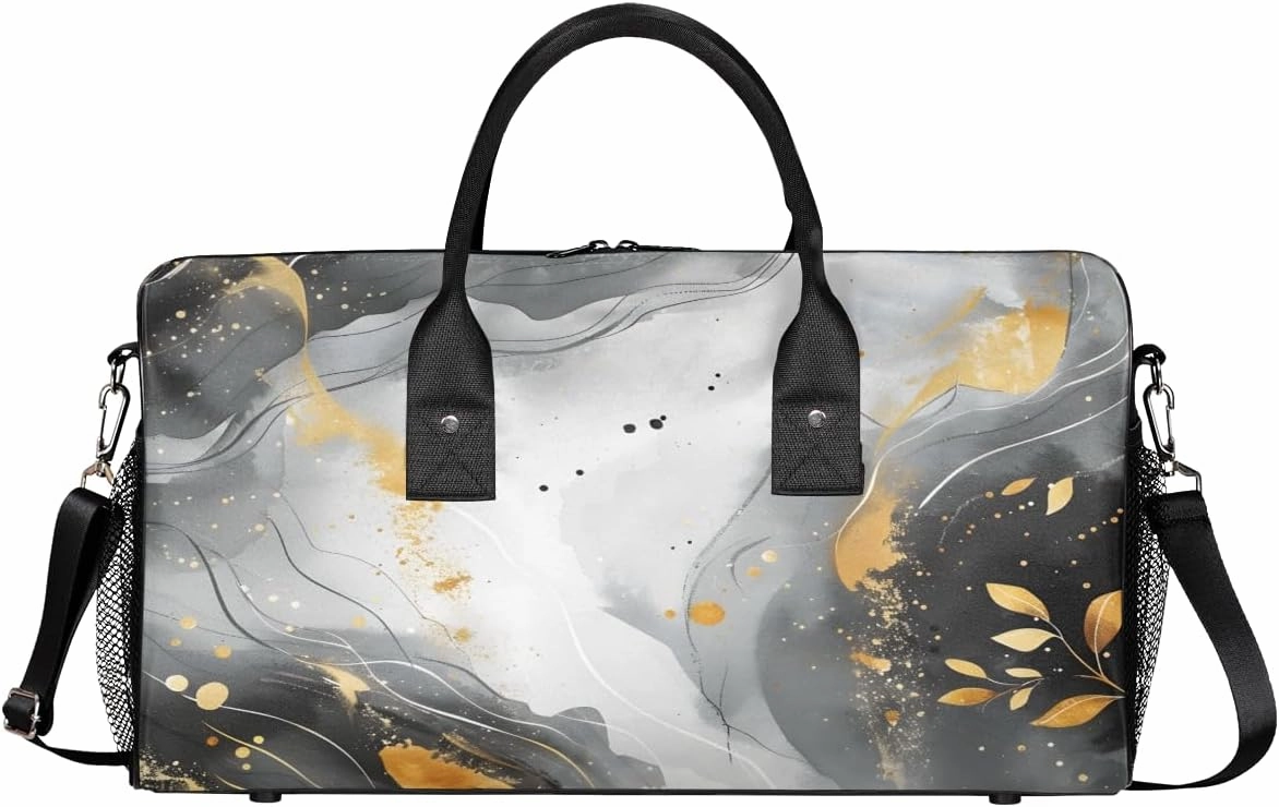 Marble Pattern Travel Duffle Bag for Women Men Foldable Waterproof Weekender Bag Carry on Tote for Overnight Sports Gym Black and Gold Abstract Marble