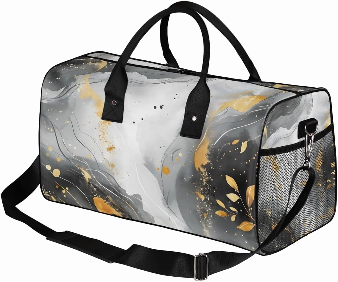 Marble Pattern Travel Duffle Bag for Women Men Foldable Waterproof Weekender Bag Carry on Tote for Overnight Sports Gym Black and Gold Abstract Marble