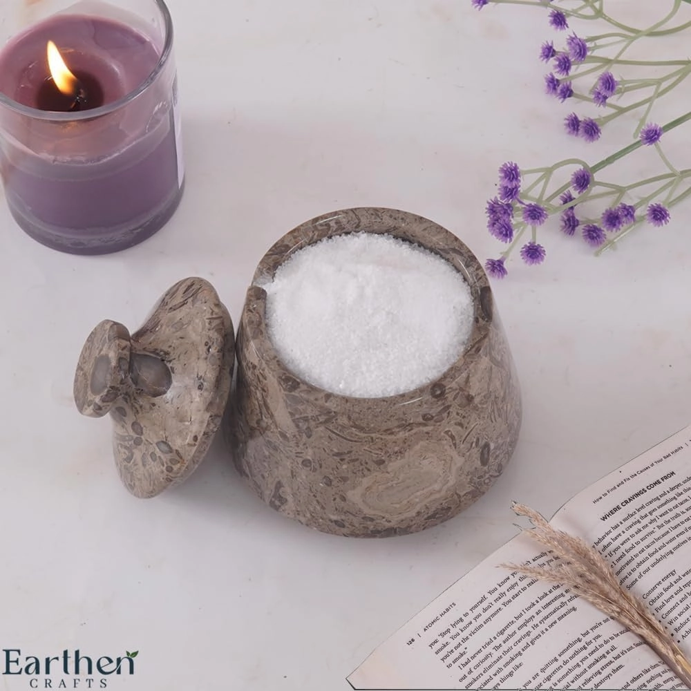 Marble Tumbler Salt Cellar With Lid & Spoon Oceanic 4" Inch Handmade Seasoning & Spice Tools Storage Container - Coffee Candy Jar Kitchen Accessories