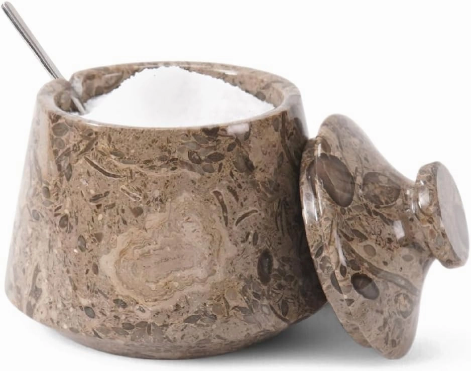Marble Tumbler Salt Cellar With Lid & Spoon Oceanic 4" Inch Handmade Seasoning & Spice Tools Storage Container - Coffee Candy Jar Kitchen Accessories