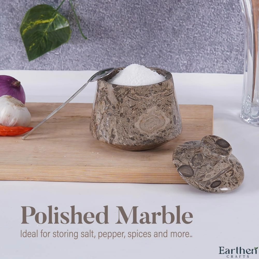 Marble Tumbler Salt Cellar With Lid & Spoon Oceanic 4" Inch Handmade Seasoning & Spice Tools Storage Container - Coffee Candy Jar Kitchen Accessories