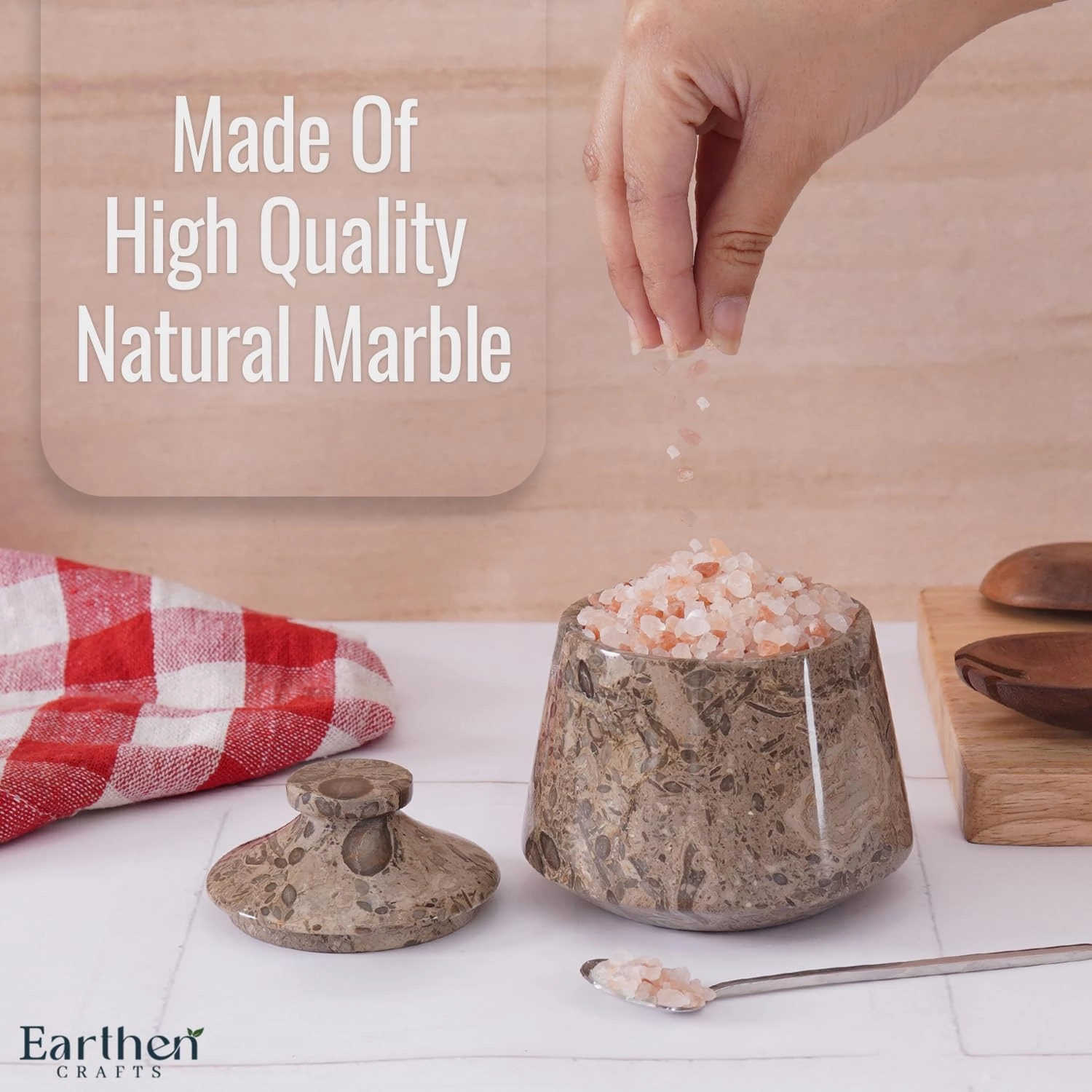 Marble Tumbler Salt Cellar With Lid & Spoon Oceanic 4" Inch Handmade Seasoning & Spice Tools Storage Container - Coffee Candy Jar Kitchen Accessories