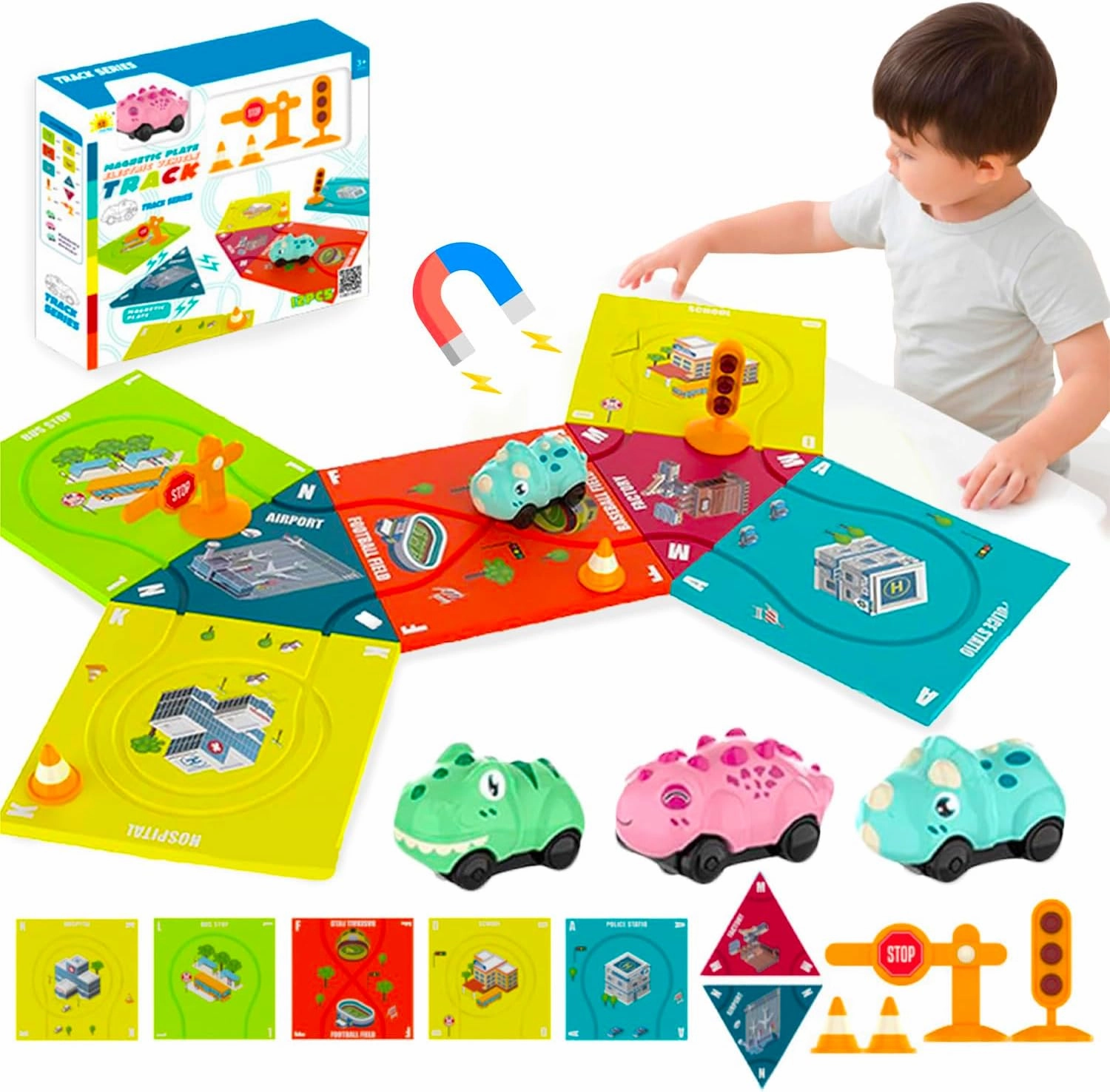 Marlo & Buzz Puzzle Racer Kids Car Track Play Set, Themed Educational Puzzles Racers Tracks with Electric Vehicles for 3  Childrens (3 Theme (Ocean, City, Galaxy) with Triangular Piles, 7, pcs)
