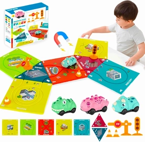 Marlo & Buzz Puzzle Racer Kids Car Track Play Set, Themed Educational Puzzles Racers Tracks with Electric Vehicles for 3  Childrens (3 Theme (Ocean, City, Galaxy) with Triangular Piles, 7, pcs)