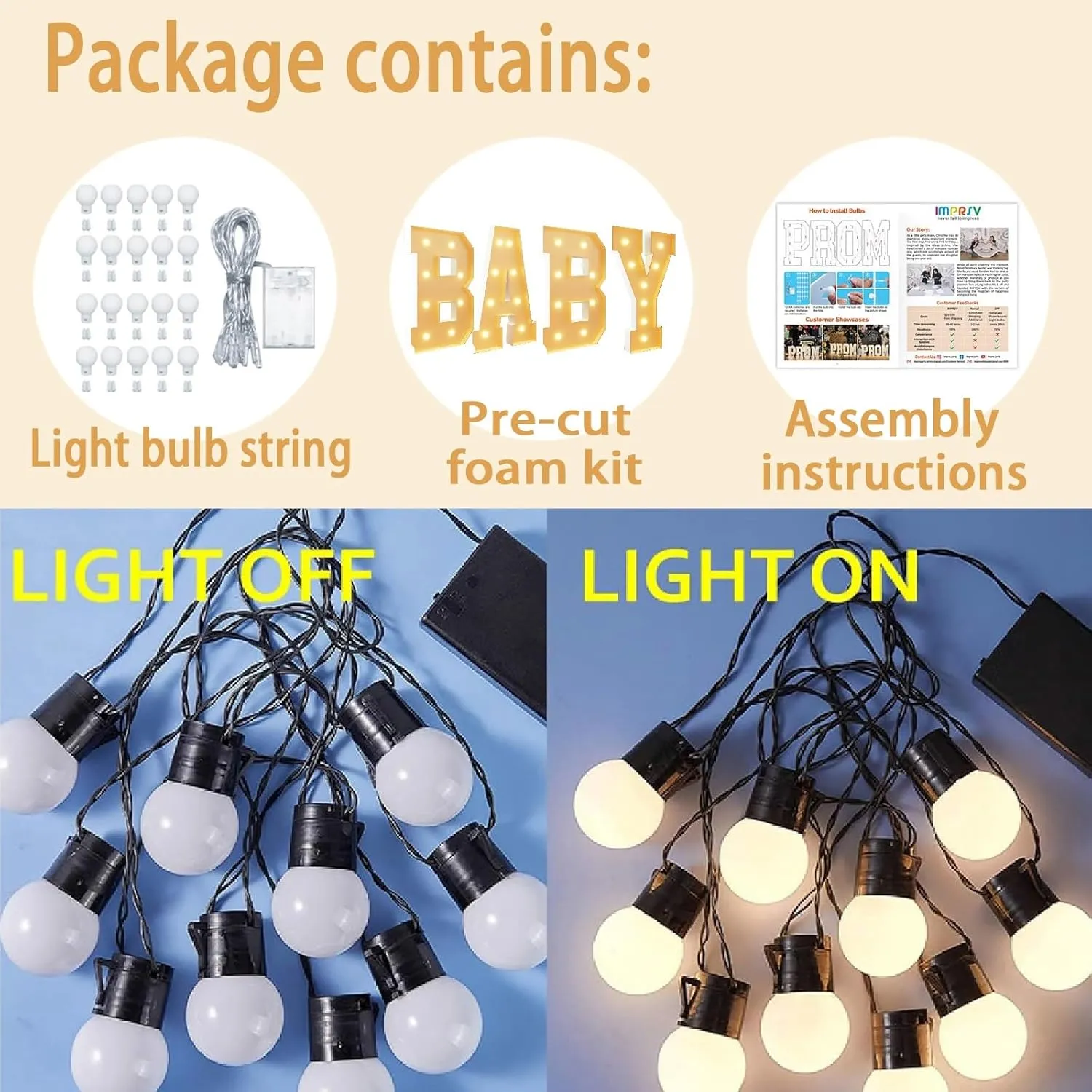 Marquee Light Up Letters, Baby Sign Letters Decoration Set with Light String 4FT Mosaic Balloons Frame for Baby Shower Birthday Party(3.3ft)